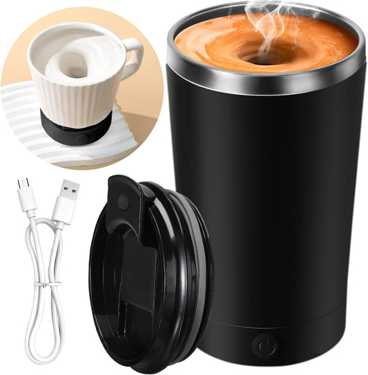 Electric Self Stirring Coffee Mug 400ml Rechargeable Stainless Steel Cup with Lid – Automatic Mixing for Coffee, Milk & Cocoa (Black)