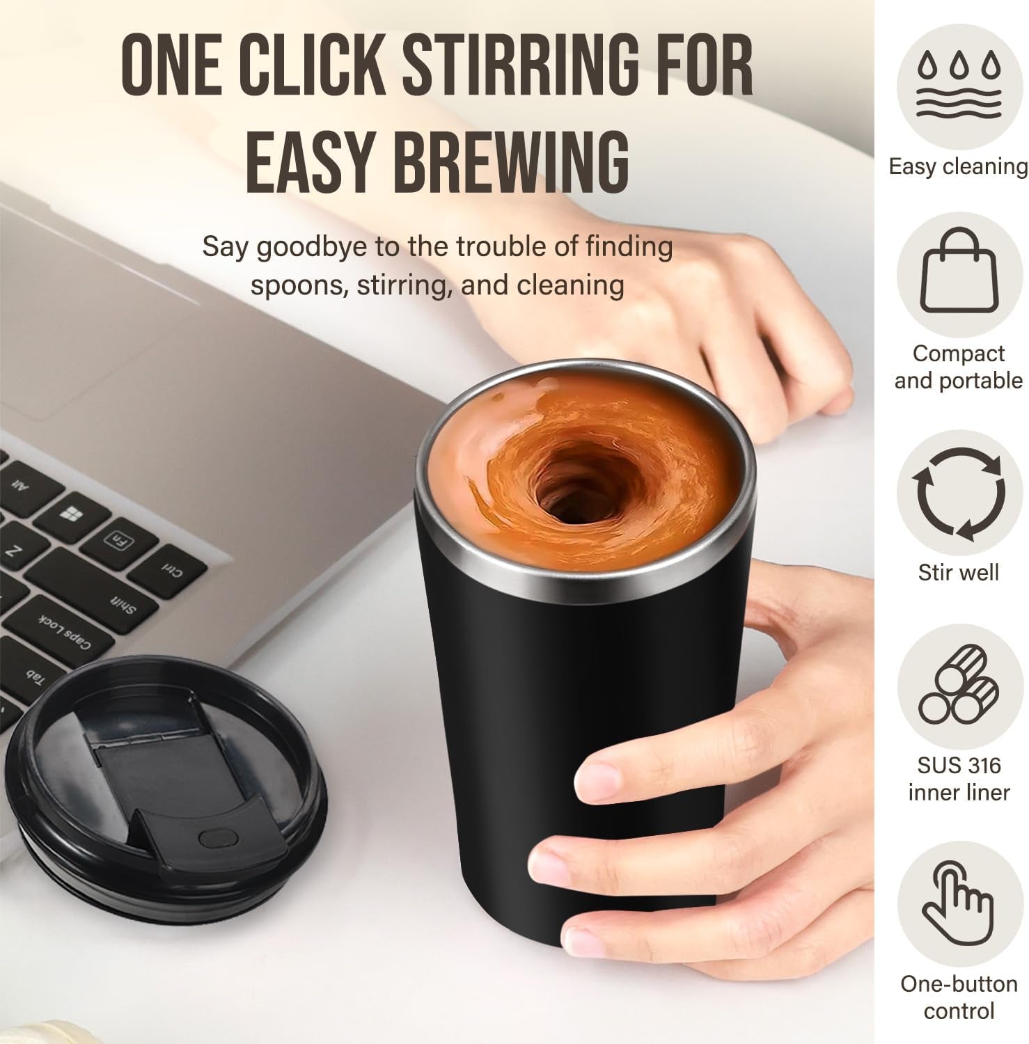 Electric Self Stirring Coffee Mug 400ml Rechargeable Stainless Steel Cup with Lid – Automatic Mixing for Coffee, Milk & Cocoa (Black)