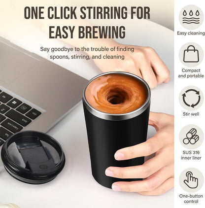 Electric Self Stirring Coffee Mug 400ml Rechargeable Stainless Steel Cup with Lid – Automatic Mixing for Coffee, Milk & Cocoa (Black)