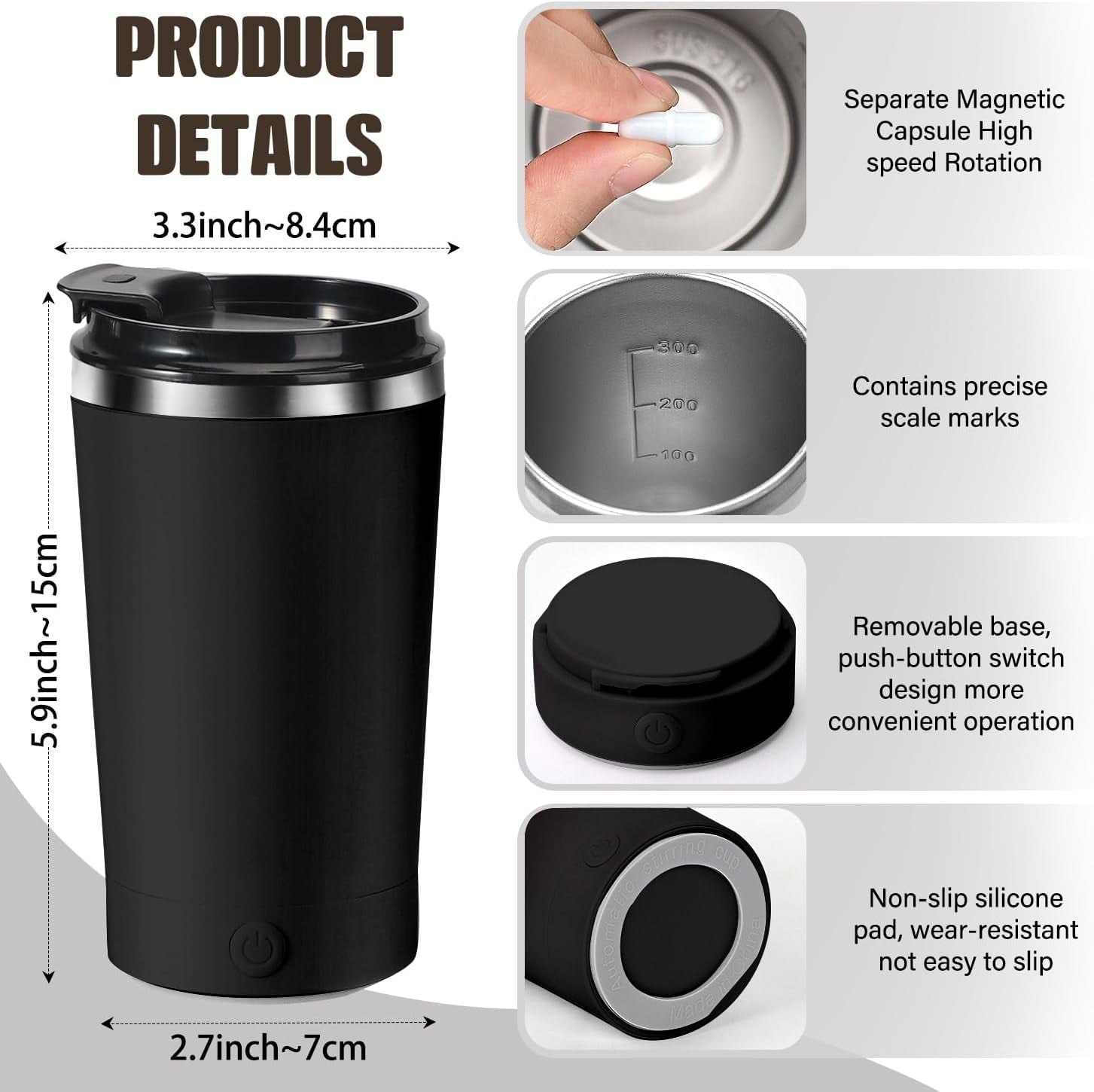 Electric Self Stirring Coffee Mug 400ml Rechargeable Stainless Steel Cup with Lid – Automatic Mixing for Coffee, Milk & Cocoa (Black)