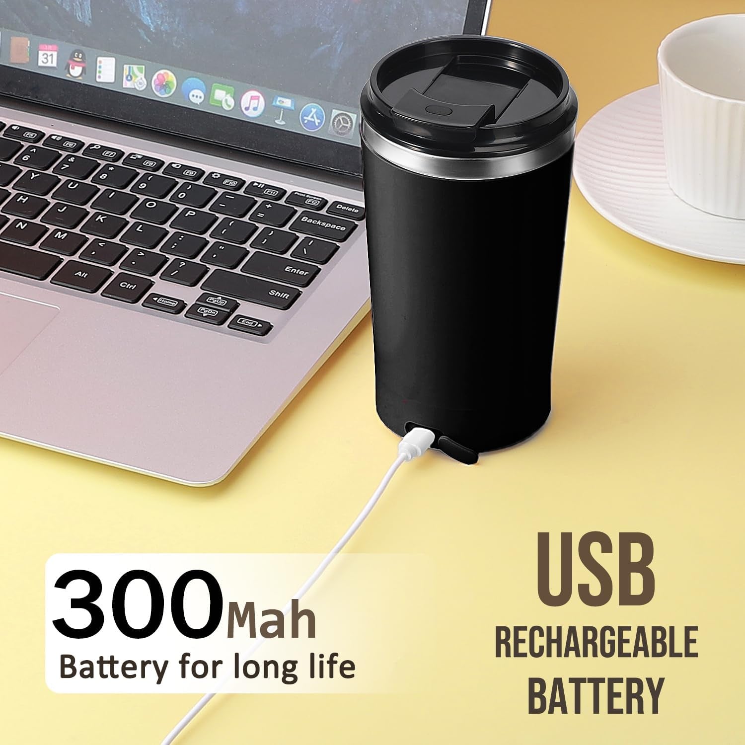 Electric Self Stirring Coffee Mug 400ml Rechargeable Stainless Steel Cup with Lid – Automatic Mixing for Coffee, Milk & Cocoa (Black)